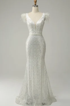 Lantejoulas Branco Sereia Vestido de Festa Com Penas