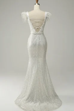 Lantejoulas Branco Sereia Vestido de Festa Com Penas