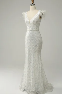 Lantejoulas Branco Sereia Vestido de Festa Com Penas