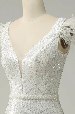 Lantejoulas Branco Sereia Vestido de Festa Com Penas