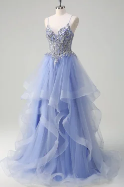 Lantejoulas brilhantes Azul claro Uma linha de alças espaguete longo vestido de baile com babados espirais