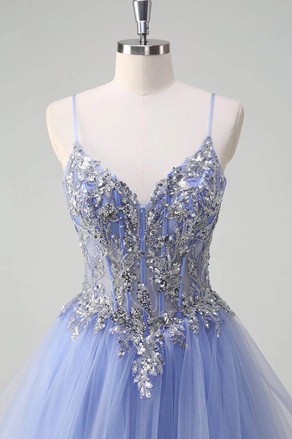 Lantejoulas brilhantes Azul claro Uma linha de alças espaguete longo vestido de baile com babados espirais