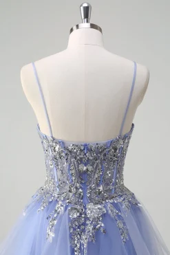 Lantejoulas brilhantes Azul claro Uma linha de alças espaguete longo vestido de baile com babados espirais