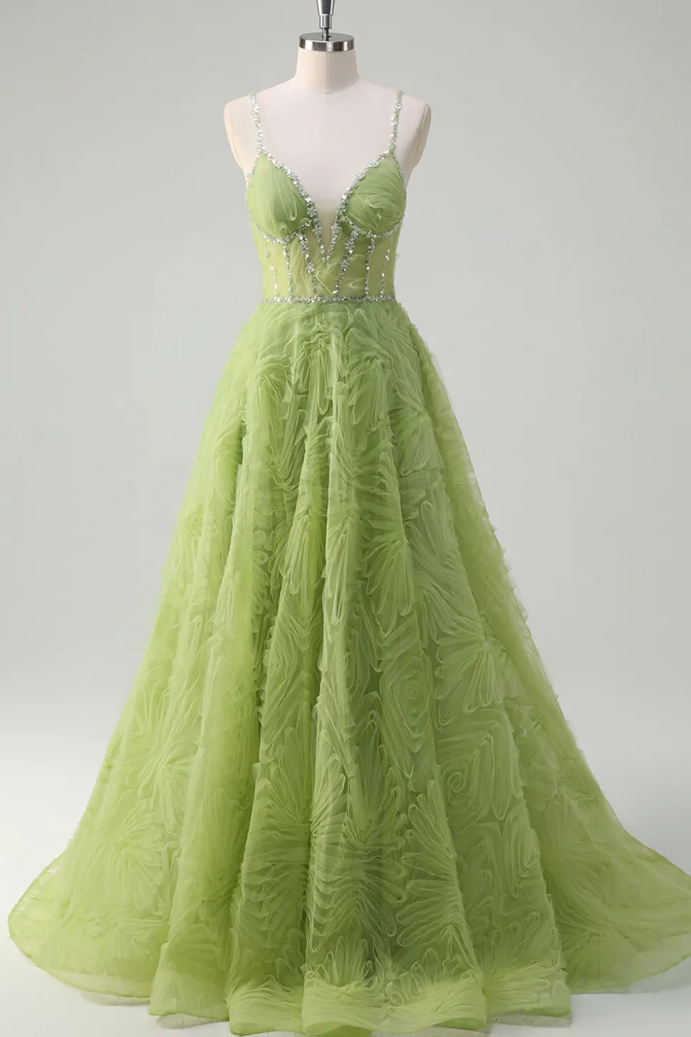 Lantejoulas brilhantes Princesa Verde Esparguete Correias Ruched Long Prom Dress
