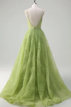 Lantejoulas brilhantes Princesa Verde Esparguete Correias Ruched Long Prom Dress