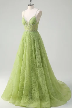 Lantejoulas brilhantes Princesa Verde Esparguete Correias Ruched Long Prom Dress