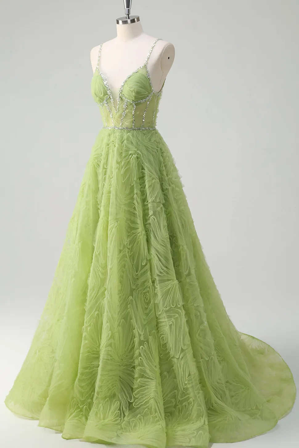 Lantejoulas brilhantes Princesa Verde Esparguete Correias Ruched Long Prom Dress
