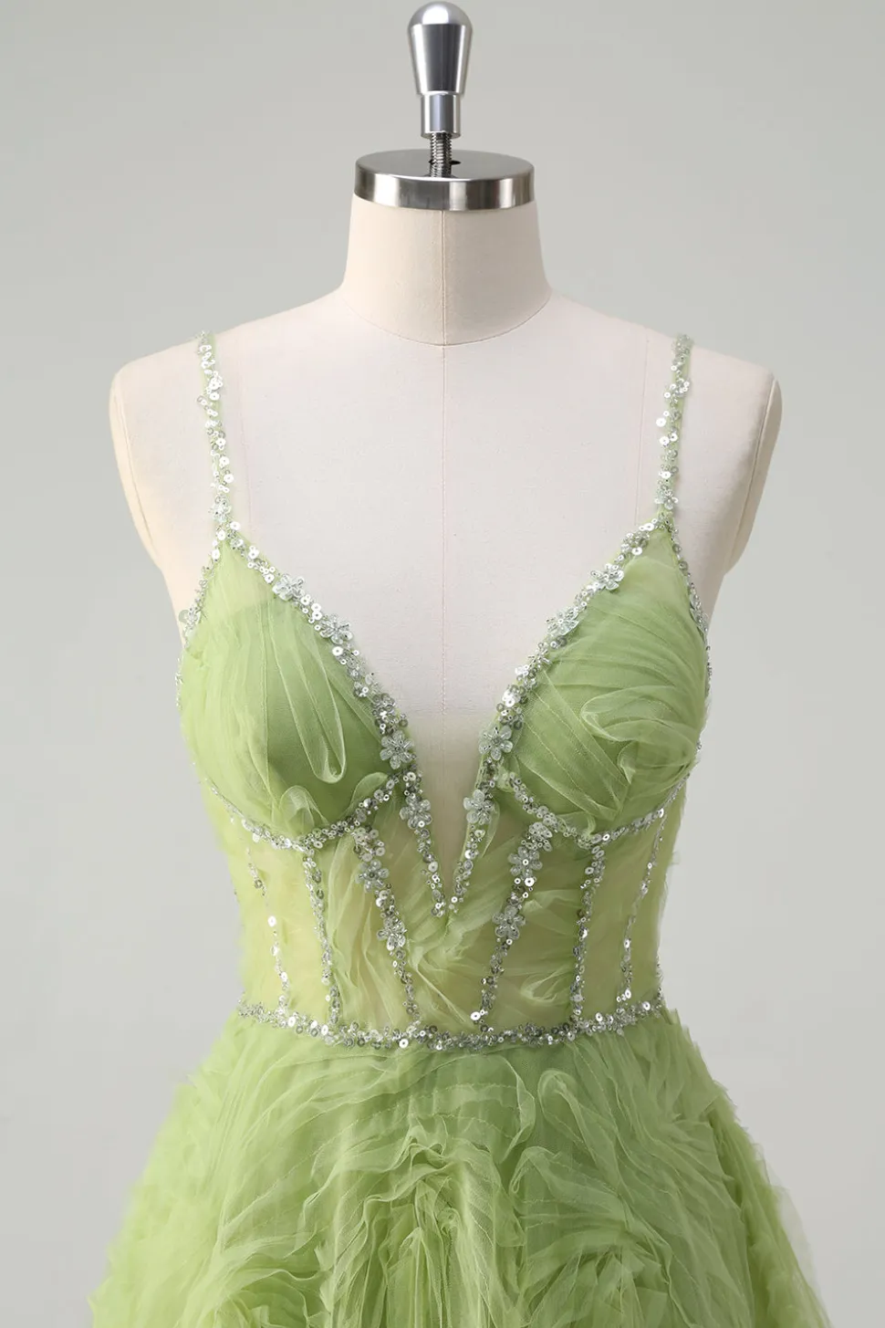 Lantejoulas brilhantes Princesa Verde Esparguete Correias Ruched Long Prom Dress