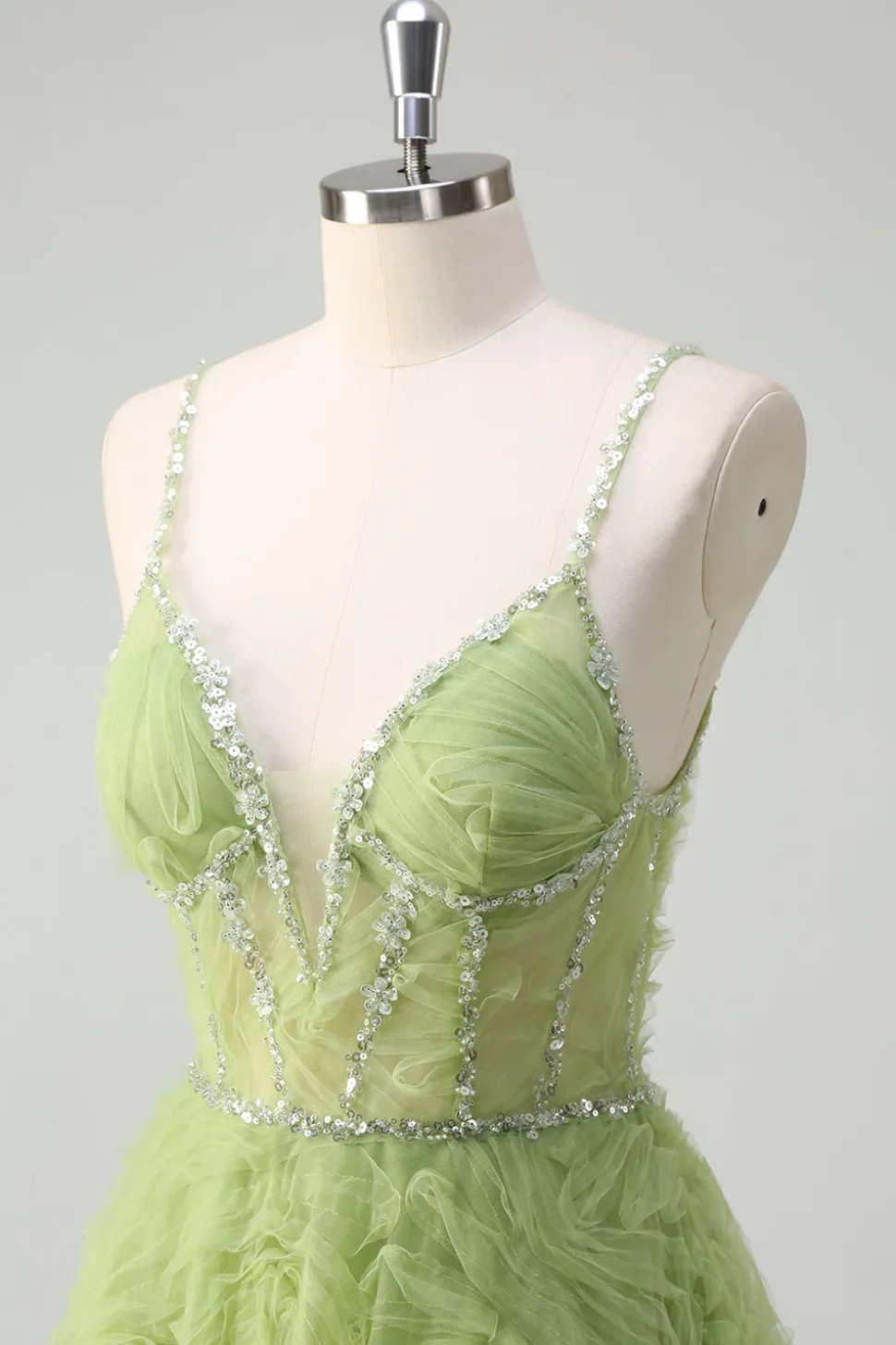 Lantejoulas brilhantes Princesa Verde Esparguete Correias Ruched Long Prom Dress