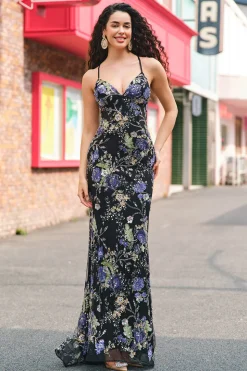 Lantejoulas brilhantes Sereia Esparguete Correias Preto Vestido de Baile com Apliques