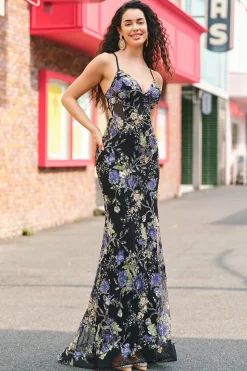 Lantejoulas brilhantes Sereia Esparguete Correias Preto Vestido de Baile com Apliques