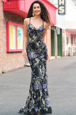 Lantejoulas brilhantes Sereia Esparguete Correias Preto Vestido de Baile com Apliques