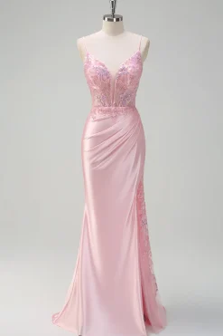 Lantejoulas brilhantes Sereia rosa claro Ruched Corset Prom Dress com fenda