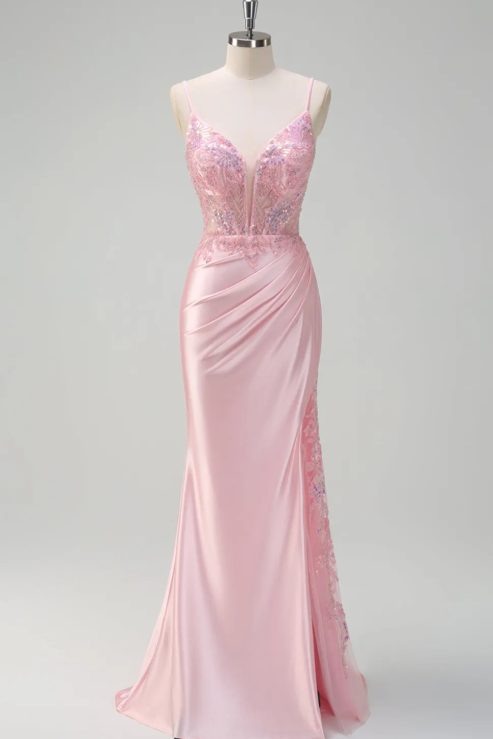 Lantejoulas brilhantes Sereia rosa claro Ruched Corset Prom Dress com fenda