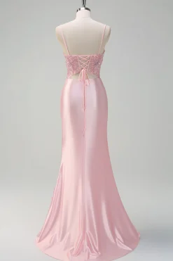 Lantejoulas brilhantes Sereia rosa claro Ruched Corset Prom Dress com fenda
