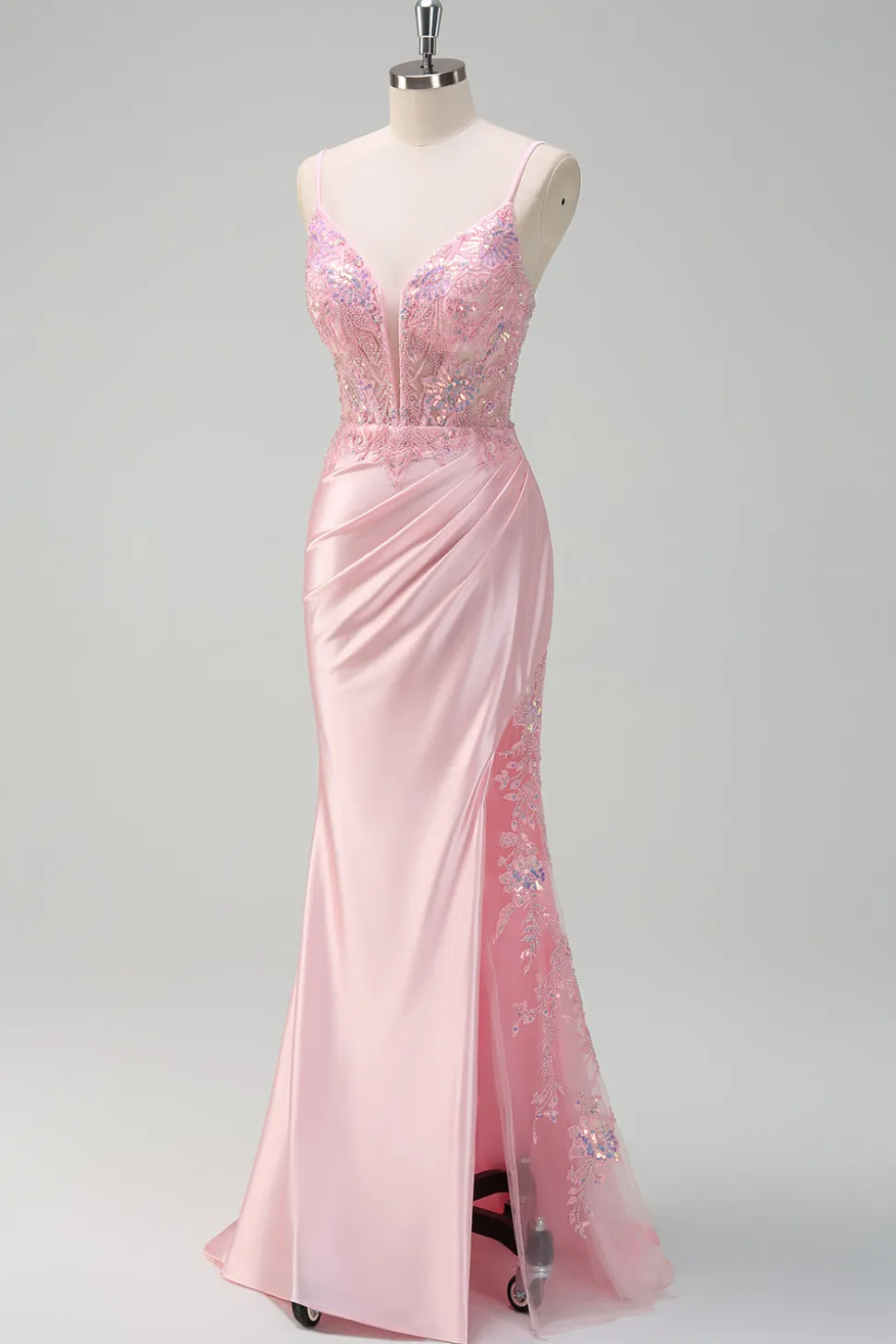 Lantejoulas brilhantes Sereia rosa claro Ruched Corset Prom Dress com fenda