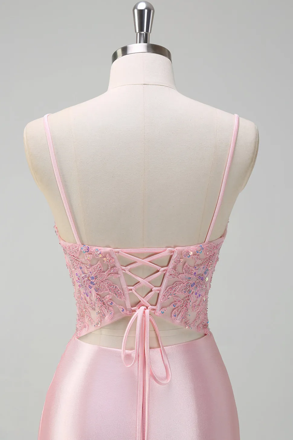 Lantejoulas brilhantes Sereia rosa claro Ruched Corset Prom Dress com fenda