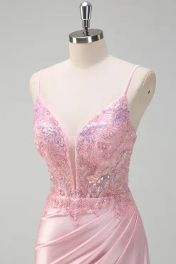 Lantejoulas brilhantes Sereia rosa claro Ruched Corset Prom Dress com fenda