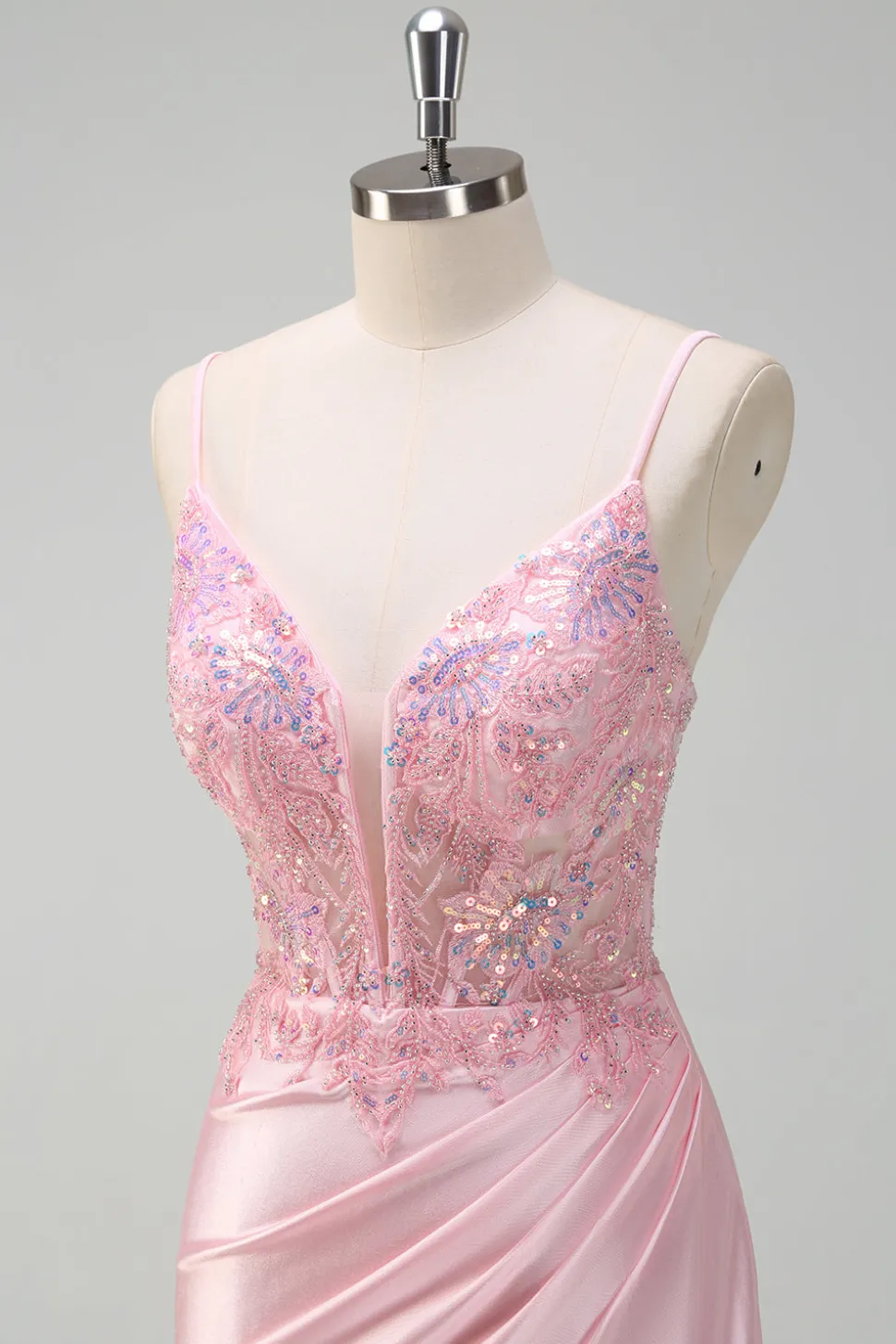 Lantejoulas brilhantes Sereia rosa claro Ruched Corset Prom Dress com fenda