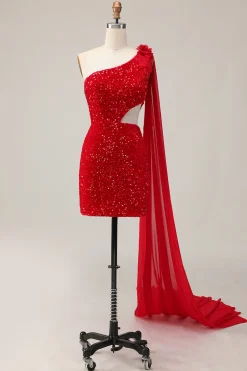 Lantejoulas brilhantes Um ombro cortado para fora apertado curto vermelho Homecoming vestido com Streamer