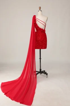 Lantejoulas brilhantes Um ombro cortado para fora apertado curto vermelho Homecoming vestido com Streamer