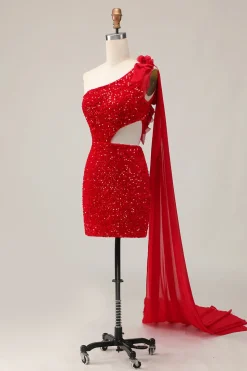 Lantejoulas brilhantes Um ombro cortado para fora apertado curto vermelho Homecoming vestido com Streamer