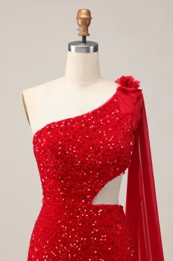 Lantejoulas brilhantes Um ombro cortado para fora apertado curto vermelho Homecoming vestido com Streamer