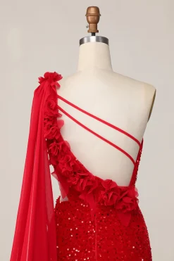 Lantejoulas brilhantes Um ombro cortado para fora apertado curto vermelho Homecoming vestido com Streamer
