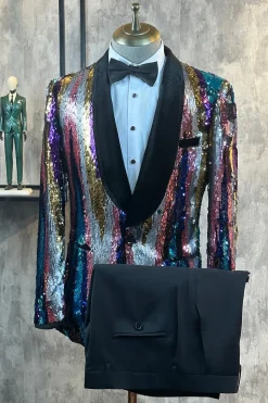 Lantejoulas Coloridas Brilhantes 2 Peças Homens Prom Ternos
