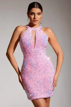 Lantejoulas cor-de-rosa brilhantes apertado oco fora vestido curto de festa