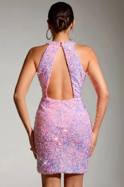 Lantejoulas cor-de-rosa brilhantes apertado oco fora vestido curto de festa