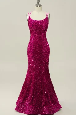 Lantejoulas Fuchsia Sereia Vestido de Baile