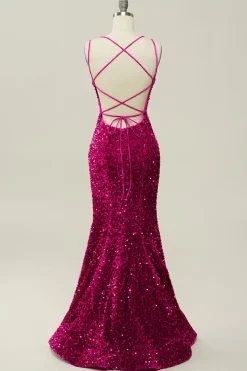 Lantejoulas Fuchsia Sereia Vestido de Baile