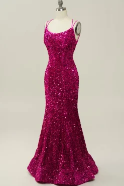 Lantejoulas Fuchsia Sereia Vestido de Baile