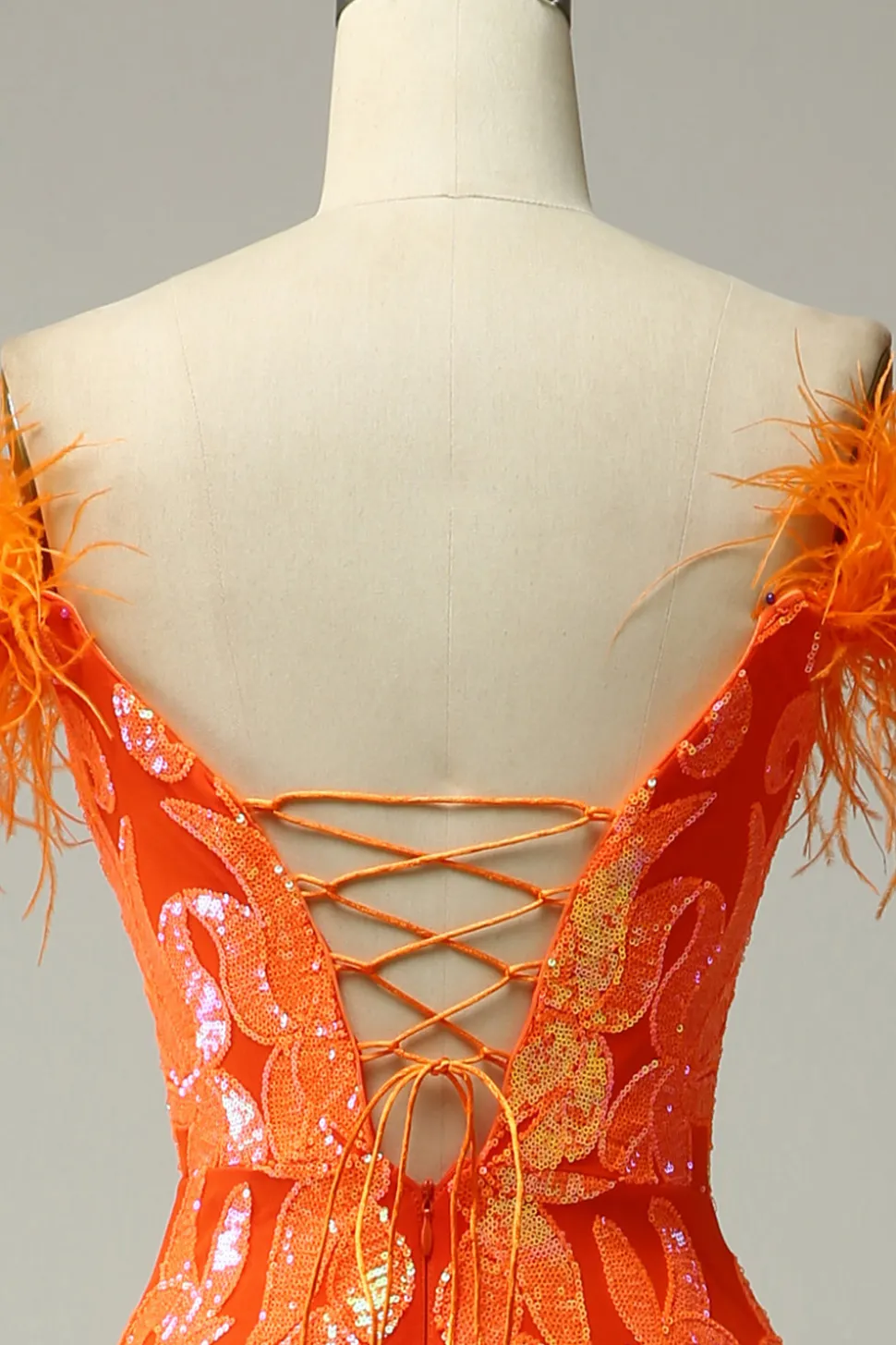 Lantejoulas Laranja Fora do Ombro Sereia Vestido de Festa Com Penas