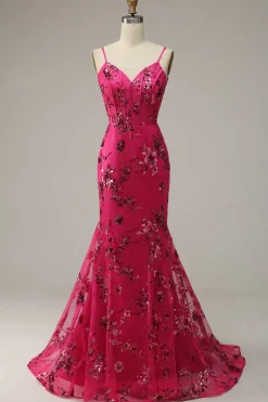 Lantejoulas Rosa Vestido de Baile Sereia