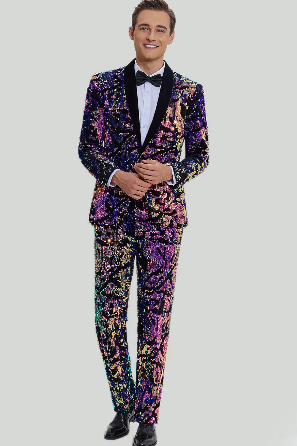 Lantejoulas roxas Homens Terno de duas peças Shawl Lapel Um Botão Tuxedo