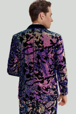 Lantejoulas roxas Homens Terno de duas peças Shawl Lapel Um Botão Tuxedo