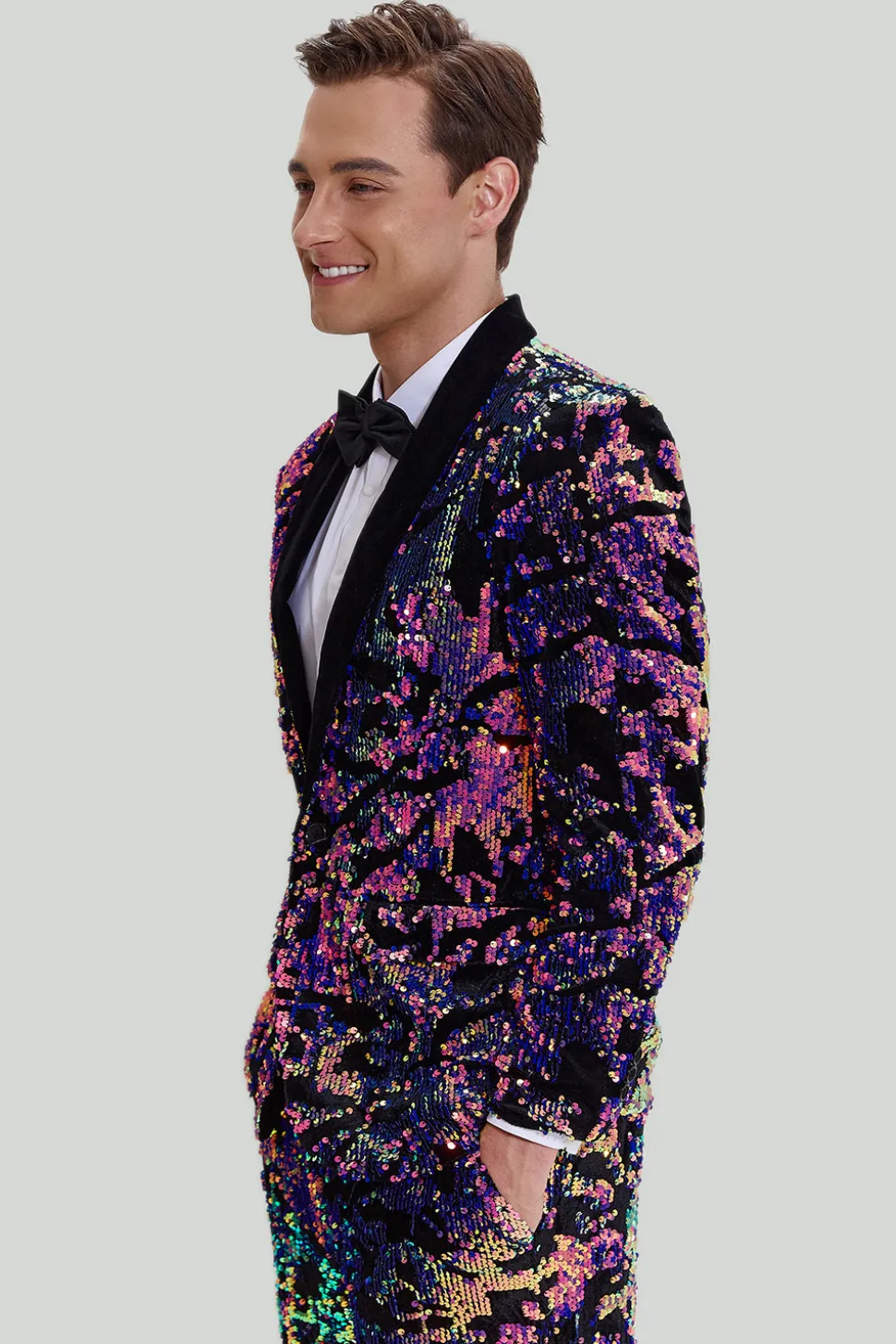 Lantejoulas roxas Homens Terno de duas peças Shawl Lapel Um Botão Tuxedo