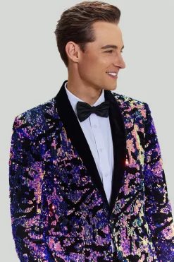 Lantejoulas roxas Homens Terno de duas peças Shawl Lapel Um Botão Tuxedo