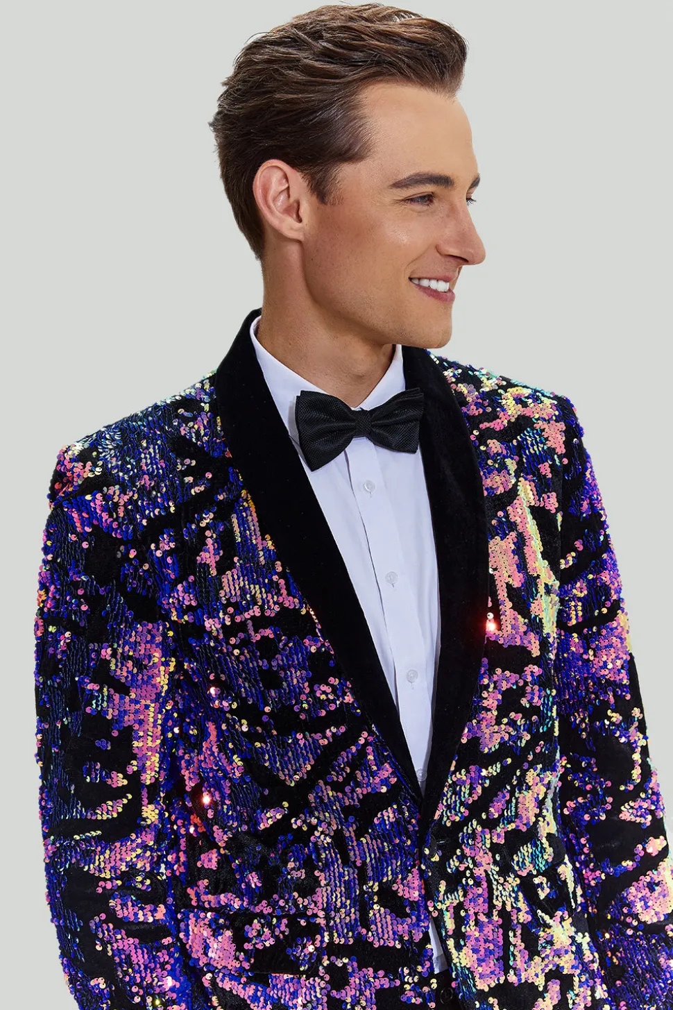 Lantejoulas roxas Homens Terno de duas peças Shawl Lapel Um Botão Tuxedo