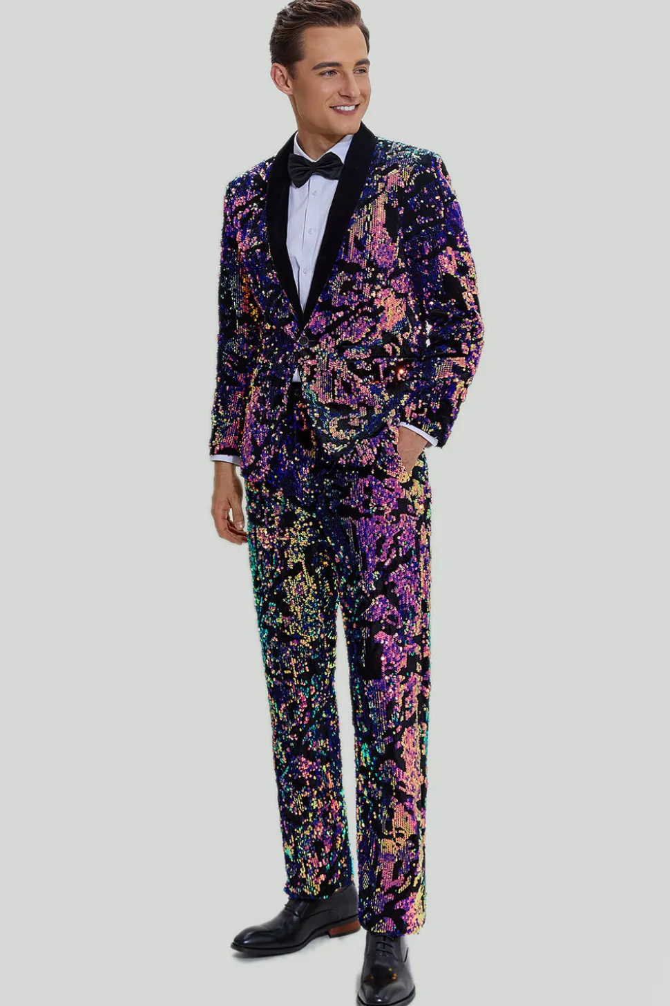 Lantejoulas roxas Homens Terno de duas peças Shawl Lapel Um Botão Tuxedo
