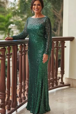 Lantejoulas verdes Bainha Pescoço Redondo Mangas Longas Mãe do Vestido da Noiva