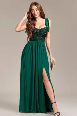 Lantejoulas verdes brilhantes vestido longo baile de formatura com fenda