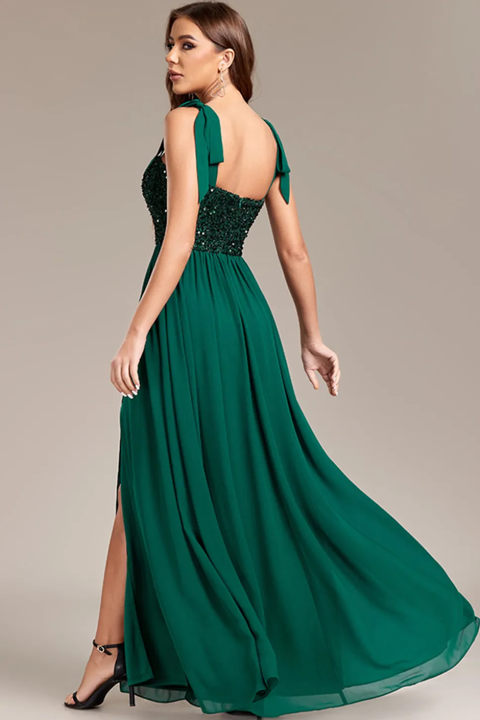 Lantejoulas verdes brilhantes vestido longo baile de formatura com fenda
