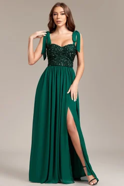 Lantejoulas verdes brilhantes vestido longo baile de formatura com fenda
