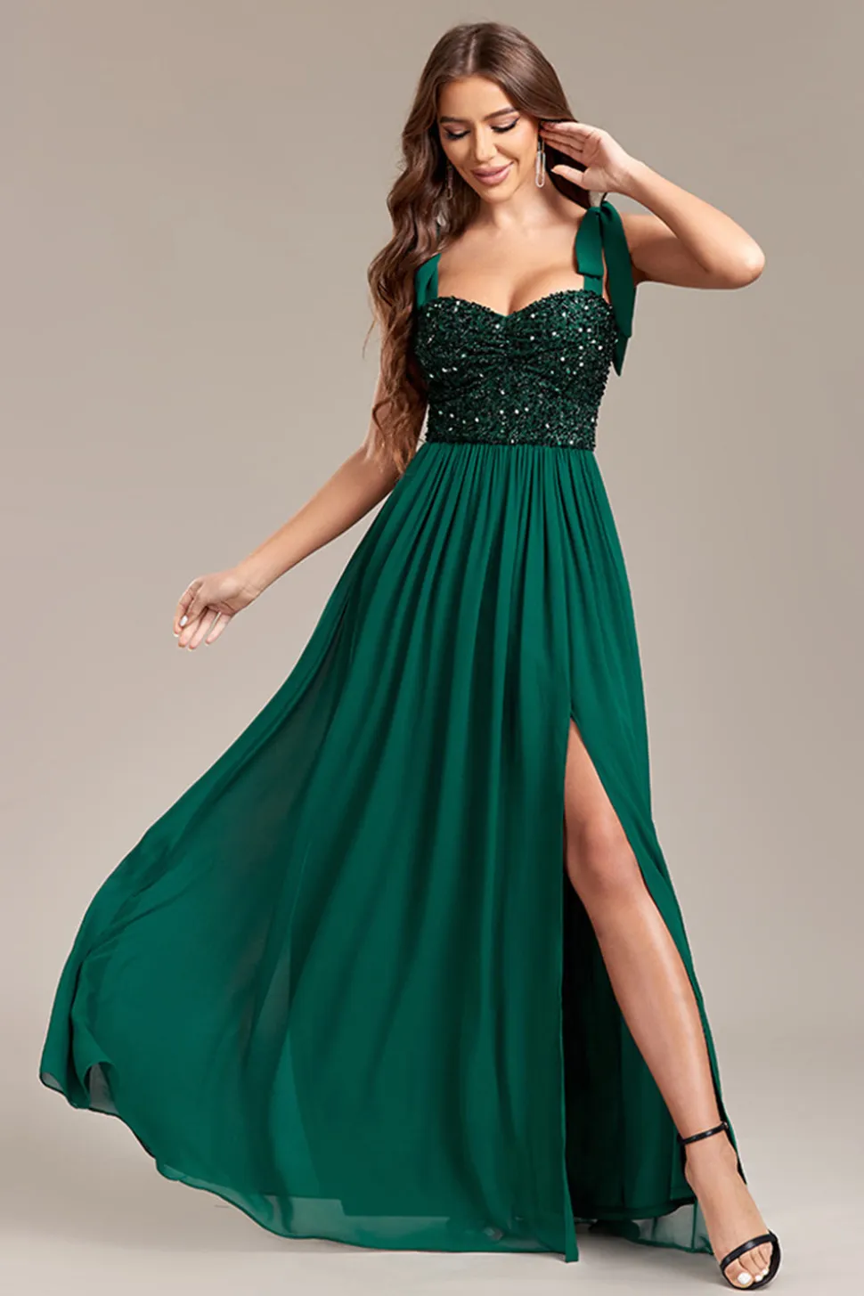 Lantejoulas verdes brilhantes vestido longo baile de formatura com fenda
