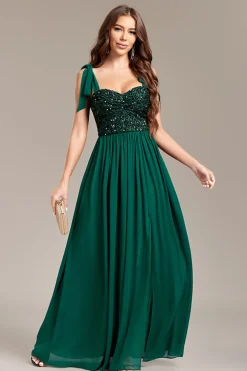 Lantejoulas verdes brilhantes vestido longo baile de formatura com fenda