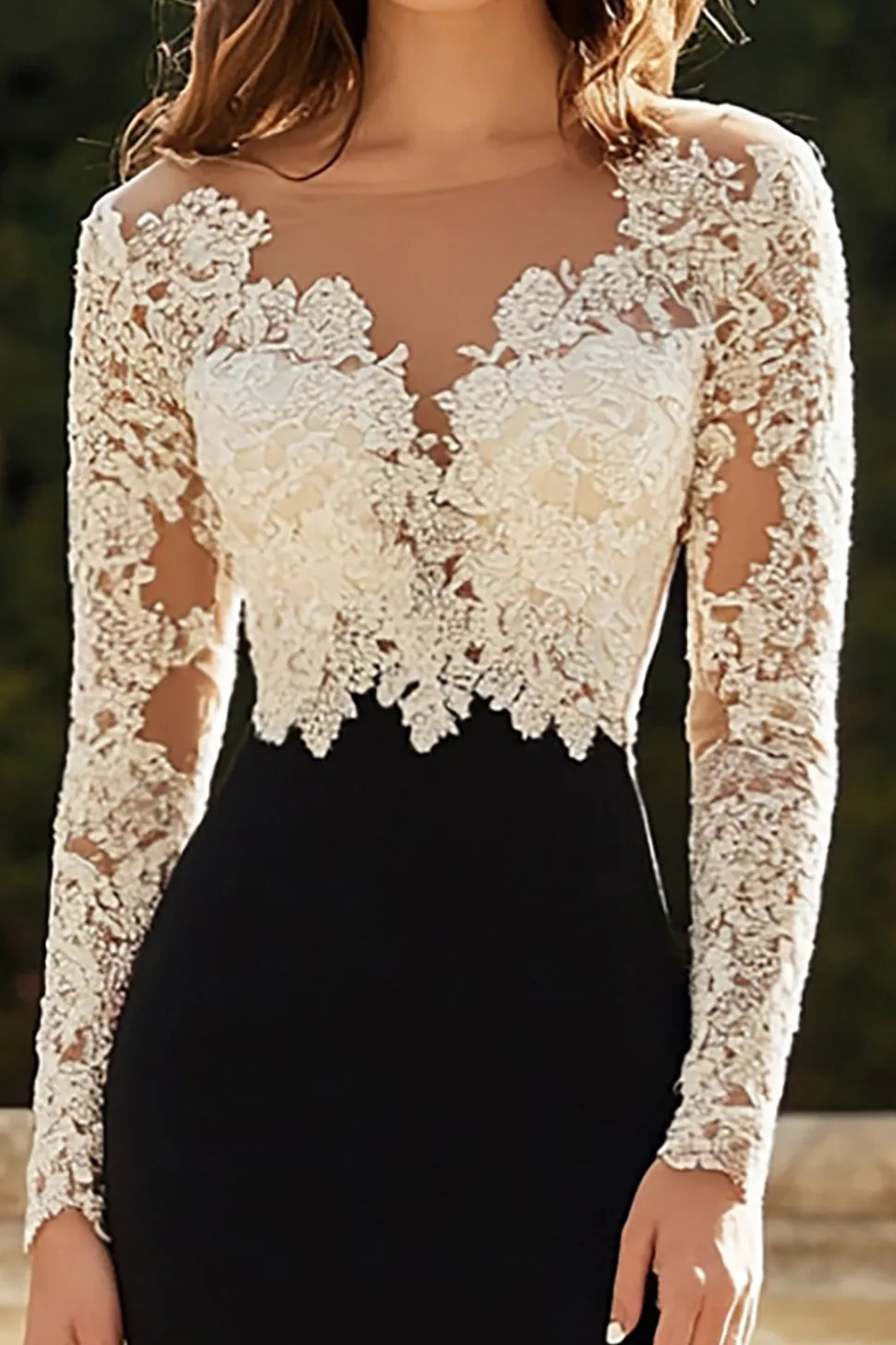 Laço de cetim V bainha de pescoço preto mãe do vestido de noiva com mangas compridas