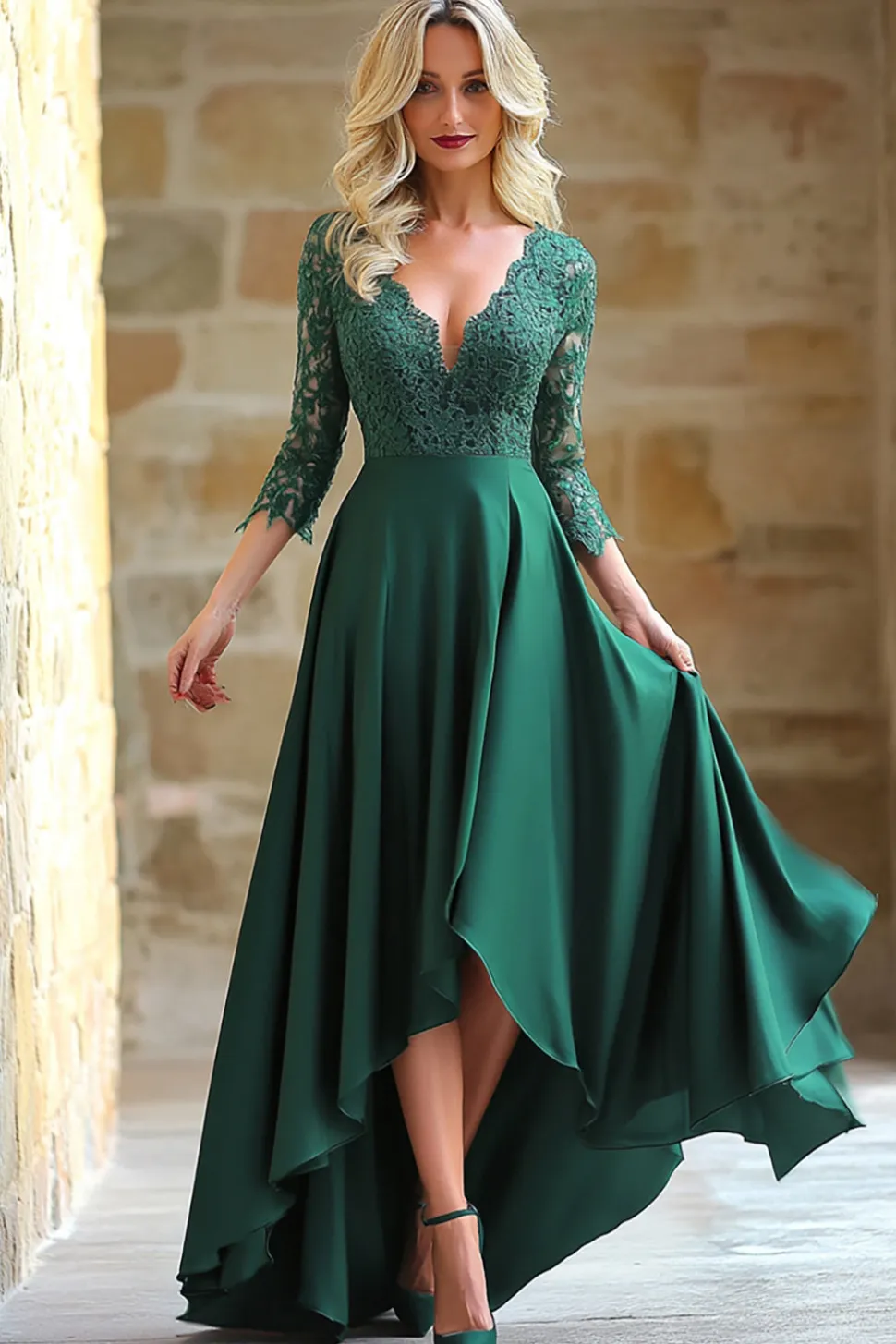 Laço de cetim verde escuro Uma linha V pescoço 3/4 mangas mãe do vestido da noiva